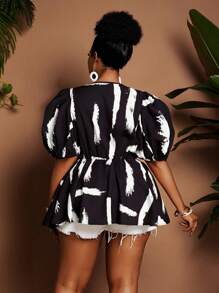 Maweii Große Größen V-Ausschnitt Puffärmel Bedrucktes elegantes Oberteil