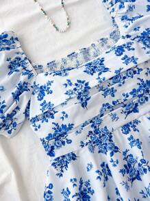 SHEIN Teen Girls Clothing New Design Square Collar Puff Sleeve Cinched Waist Ruffle Hem Ditsy Ditsy Floral Casual Elegant Blouse