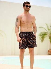 Manfinity Swimmode Pantalones cortos de playa de hombre con estampado de cadena y cordón para ajuste en la cintura