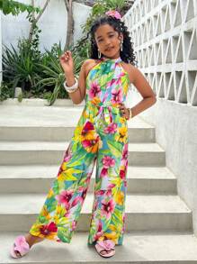 SHEIN Leap Crew Tween Girl Spring/Summer Floral Print Woven Halter Neck Sleeveless Straight Leg Jumpsuit, Suitable For Beach And Other Occasions, Mommy And Me Matching Outfits - Multicolor - View 8