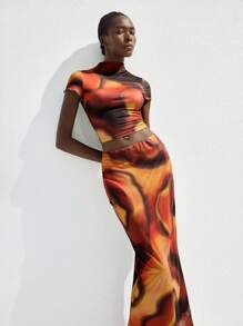Maija Set da 2 pezzi composto da maglietta a maniche corte e gonna irregolare con effetto tie-dye, design estivo 2025, adatto per donne, camicie estive stampate, carine, eleganti e moderne, casual, per feste, spiaggia, festival musicali, brunch, ufficio, laurea, Festa di San Giovanni