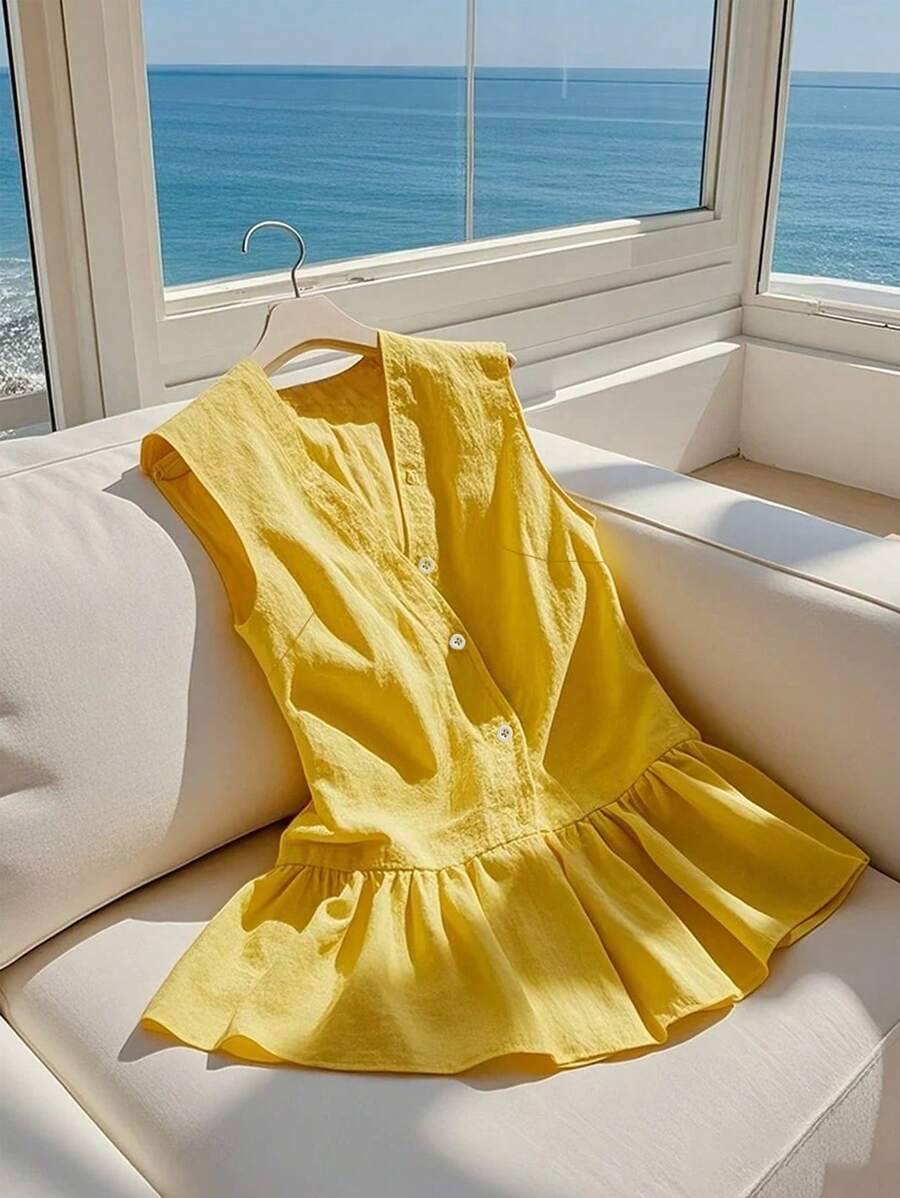 Franclia 法式优雅编织V领无袖黄色女士衬衫，全新夏季系列 - 黃色 - 查看 1