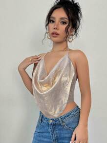 Firerie Top camisero plisado de unicolor con espalda abierta para salir, top camisero con cuello drapeado, espalda abierta y tela brillante para festival de música, top camisero elegante y sexy con estilo retro y romántico Y2K para festivales de música, conciertos y carnavales para mujeres - Plateado - Ver 6