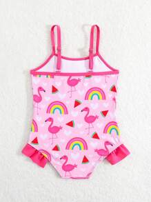 Baby Girl Cute Flamingo Print Ruffled One-Piece Swimsuit, Summer Beach Vacation - Hot Pink - View 2