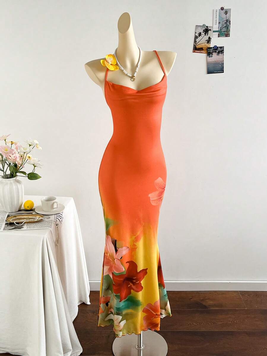 Soleia 度假风热带花卉印花垂坠领吊带连衣裙，夏季新品修身长裙