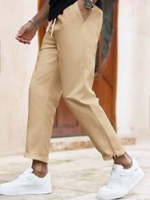 Manfinity Homme Men's Solid Color Casual Slim Fit Straight Leg Casual Pants, Fall - Khaki - View 5