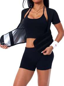 Easithlete 瑜伽吸汗纯色圆领短袖桑拿上衣 - 黑色 - 查看 7