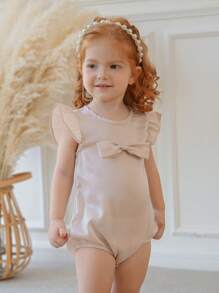 SHEIN Baby Girl Elegant Soft Korean Satin Round Neck Cap Sleeve Bodysuit, Summer - Apricot - View 5