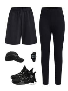 SHEIN 2 件装青少年男童休闲运动学院风连裤袜和短裤，经济实惠的多件装套装，适合儿童服装，幼儿男孩服装，返校男孩套装，适合日常使用，适合上学，适合旅行，适合运动，适合春夏季节