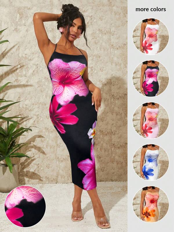 SHEIN SXY Sommerurlaubs-Strandkleid für Frauen mit engem Schnitt, Regenwald-Motiv, rückenfreiem Blumen-Spaghettiträger-Design, Urlaubsoutfit für Frauen