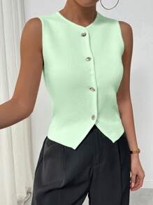 Roylia Women's Asymmetrical Button Accent Knitted Vest Top - Lime Green - View 6