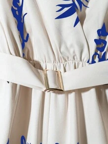 Franclia 时尚百搭腰部收褶无袖叶子和花朵印花宽松阔腿裤，女款春夏 - 藍色 - 查看 3