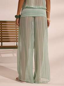 MUSERA Stripe Fold Over Low Waist Wide Leg Trousers Summer Vacation Boho Ibiza Elegant Beach Cute The Beach House Holiday - Multicolor - View 4