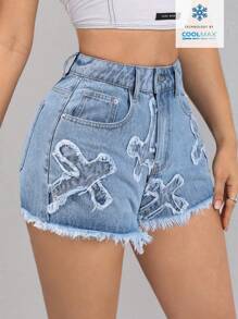 SHEIN ICON Women's Casual Frayed Hem Patchwork Denim Shorts - Light Wash - View 5