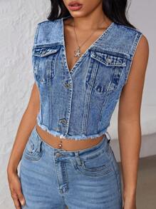 SHEIN ICON Sleeveless V-Neck Frayed Button Washed Denim Vest - Light Wash - View 1