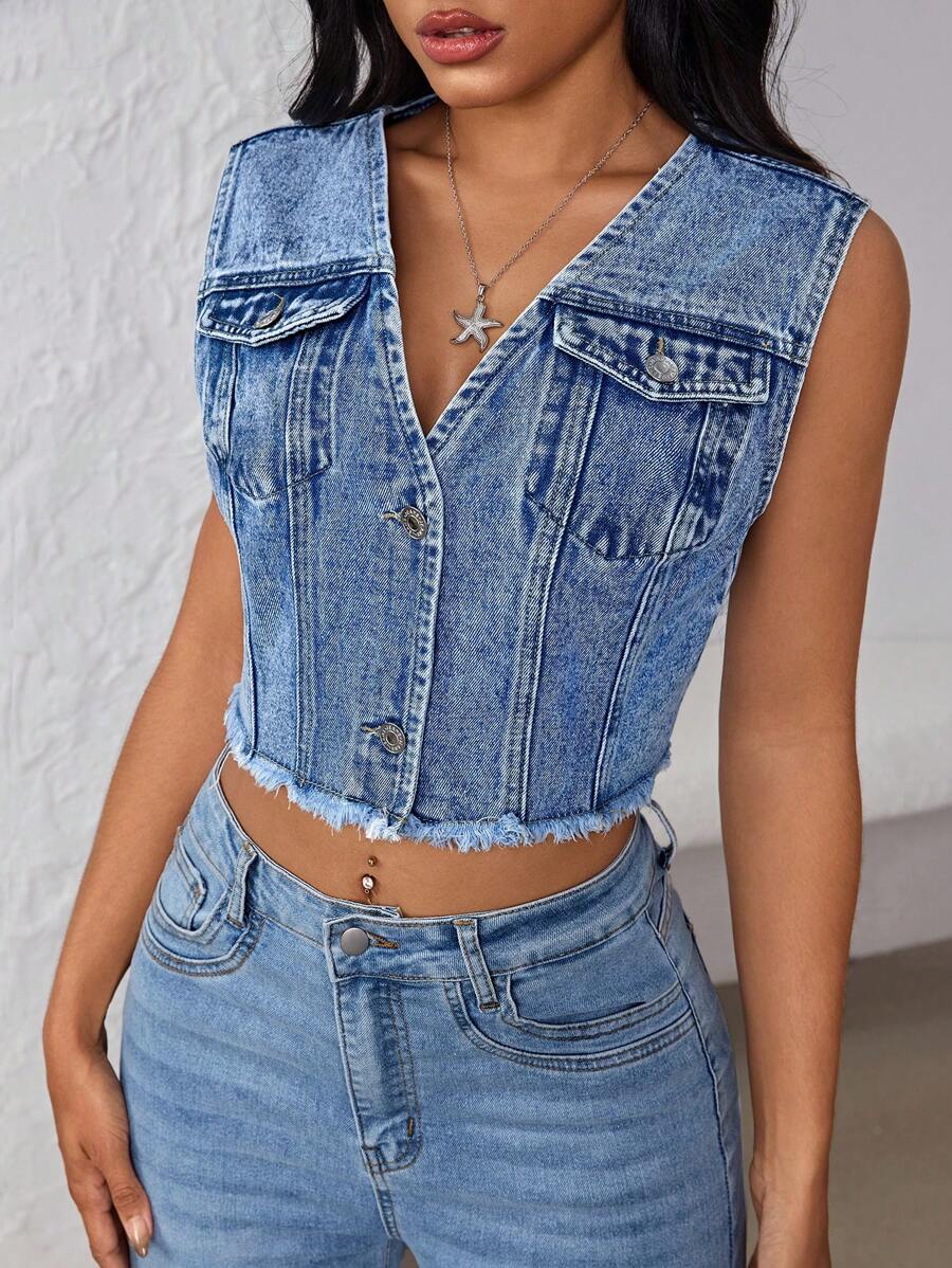 SHEIN ICON Sleeveless V-Neck Frayed Button Washed Denim Vest - Light Wash - View 1