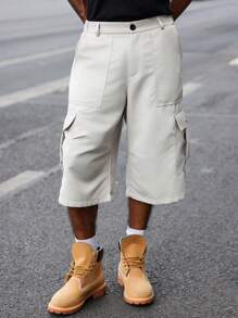 Manfinity Hypemode Fashionable Casual Beige Men's Cargo Loose 3/4 Pants With Pockets, Street Style, Y2k - Beige - View 7