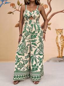 Travachic Mono de pierna ancha de talla grande con estampado bicolor, tejido, nudos retorcidos y calado