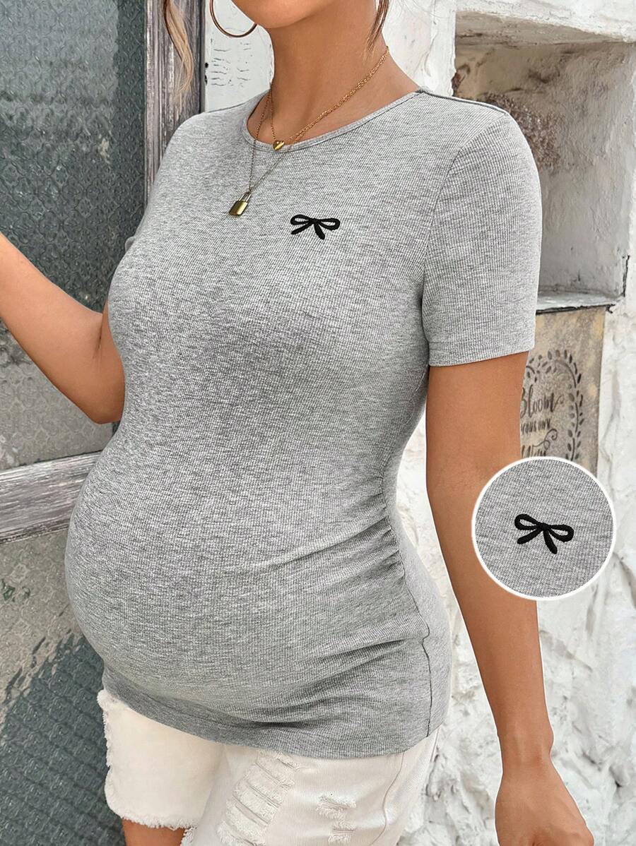 SHEIN Maternity T-Shirts - Casual Solid Color Knit Crewneck Slim Fit Regular T-Shirt With  Bow Pattern,Underwear&Sleepwear,Pajama Set,Lingerie,Lingerie Set,Pajama,Loungewear - Grey - View 1