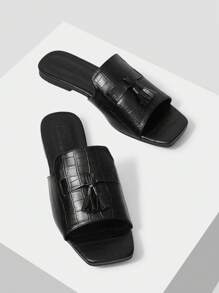 MOTF PREMIUM Sandalias planas con puntera cuadrada y flecos cómodas para mujer, para vacaciones, verano, Navidad, otoño, Año Nuevo, Día de San Valentín