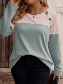 INAWLY Women Plus Size Crew Neck Long Sleeve Color Block T-Shirt With Button Decor, Plaid Texture Fabric, Autumn/Winter Graphic Tees Women Tops For Spring - Multicolor - View 1