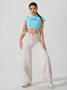 Solid Color Pocket Casual Loose Wide-Leg Jeans - Beige - View 2