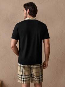 HIMLAND Ensemble De Chemise Polo Tricotée Patchwork À Carreaux Pour Hommes Avec Un Short Tissé
