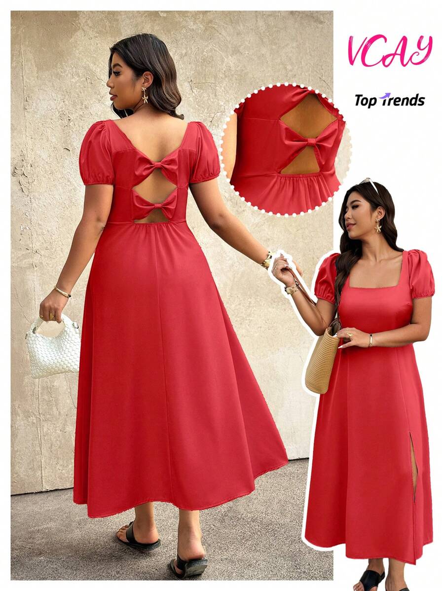 Breezaya Damen Kleid mit einfarbigen aufgeblähten Ärmeln, quadratischem Ausschnitt, Schleife hinten, Schlitz am Saum, aus gewebtem Material