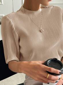 DAZY Women's Pleated Crew Neck Casual Short Sleeve T-Shirt, Urban Streetwear Style,Back To School Clothes - Beige - View 3