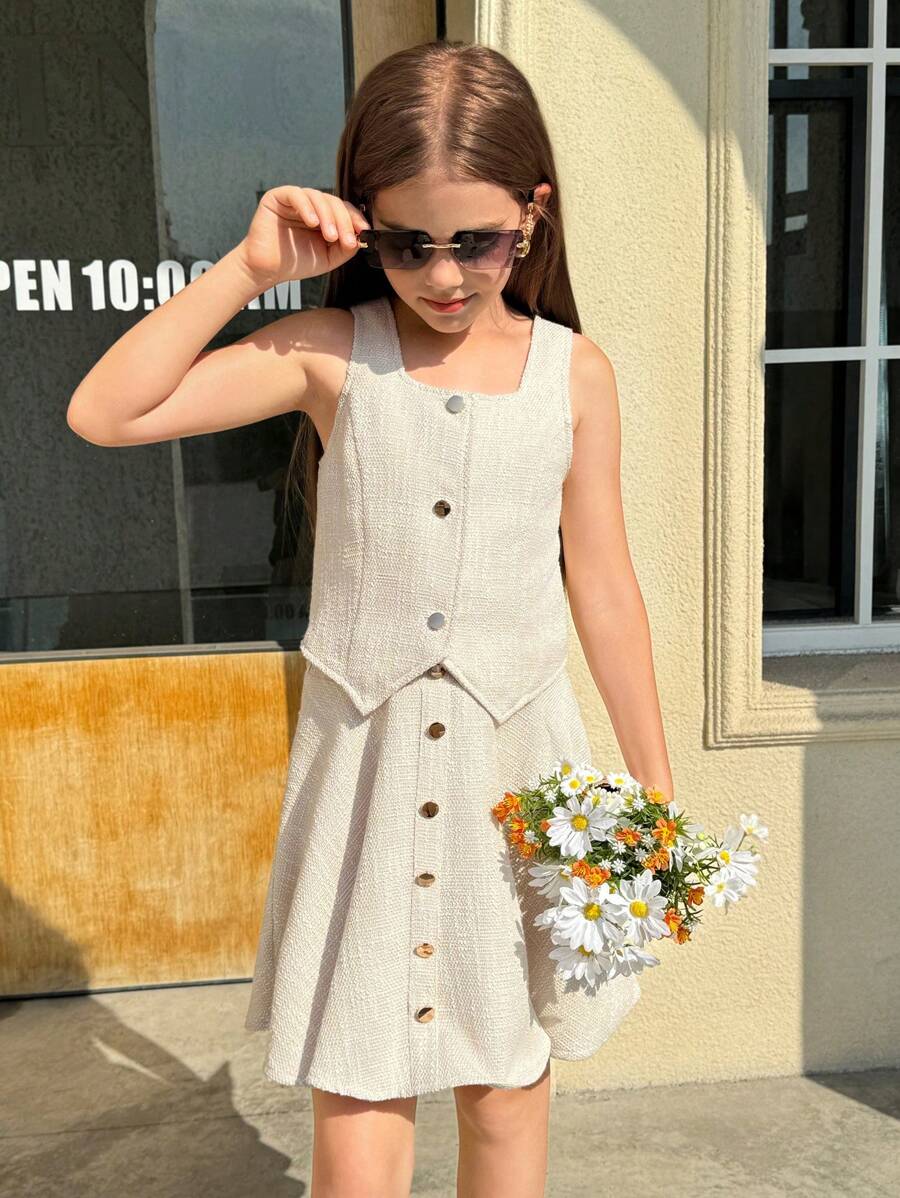 SHEIN Tween Girls Urban Stylish Square Neck Front Button Arc Hem Vest And Mini Skirt 2Pcs Set - Beige - View 1