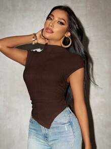 SHEIN SXY Elegant Romantic Solid Color Asymmetric Hem Short Sleeve Knit T-Shirt, Summer