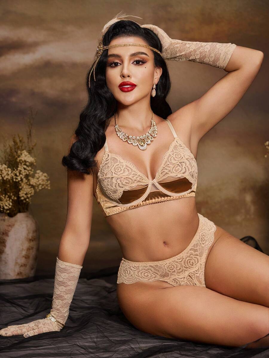 SHEIN 2pcs Lace Woman Underwire Lingerie Set - Apricot - View 1