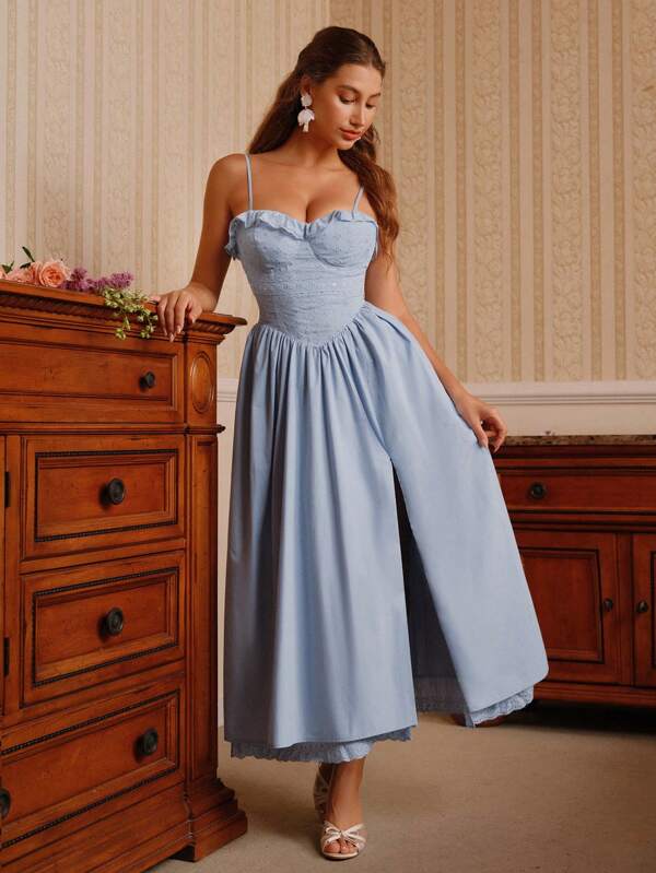 Savoree Embroidered Patchwork Slit Dress With Spaghetti Strap