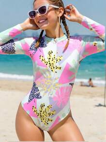 2 piezas Traje de baño de una sola pieza con estampado de hojas y leopardo 2025 para niñas, a la moda y elegante para nadar, vacaciones, verano - Multicolor - Ver 1