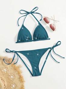 Swim Mod 2 piezas Conjunto de bikini de tanque de color azul verdoso sólido brillante, traje de baño elegante y casual para primavera, verano, playa, fiesta y vacaciones