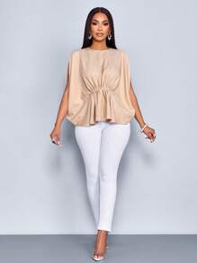 SOLERSUN Women's Summer Vacation Solid Color Linen-Blend Simple Pleated Waist Batwing Sleeve Blouse - Khaki - View 5