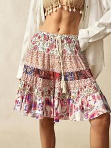 Bohemela Women's Woven Floral Ruffled Skirt With Waist Tie