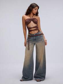 TRNVIE Jeans anchos de mujer informales con lavado ácido, bolsillos de ángulo y piernas anchas