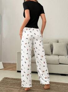 SHEIN 2pcs Solid Color Squarehexagon Neck Short Sleeve Sleepwear & Bear Polka Dot Printed Pants Women Pajama Set - Black - View 2