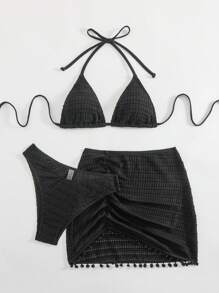 Swim Basics 3pcs/Set Women Swimwear Set - Black Textured Halter Top, Low Waist Bottoms, Fuzzy Hem Skirt, Suitable For Beach, Pool, Holiday, Basic & Simple Style For All - Black - View 3
