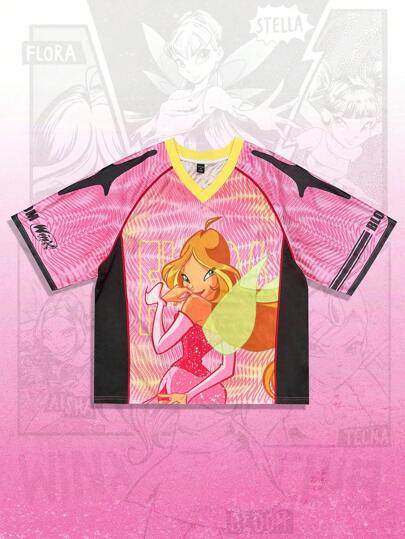 Winx Club X ROMWE Camisa polo de manga corta con cuello en V con figura de dibujo animado y estampado de colores contrastantes para hombre