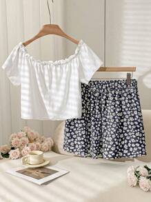 CosyJoli Plus Size Women's Two Pieces Set, Vacation Set, Off-The-Shoulder Top, One-Line Shoulder Top, Mom And Me Clothes, Women's Summer Two Pieces Set, Summer Set,Summer Outfits For Women Vacation Outfits Woman Beach,Spring Break Cute Tops Spring Break Outfits Vacation Two Pieces Set