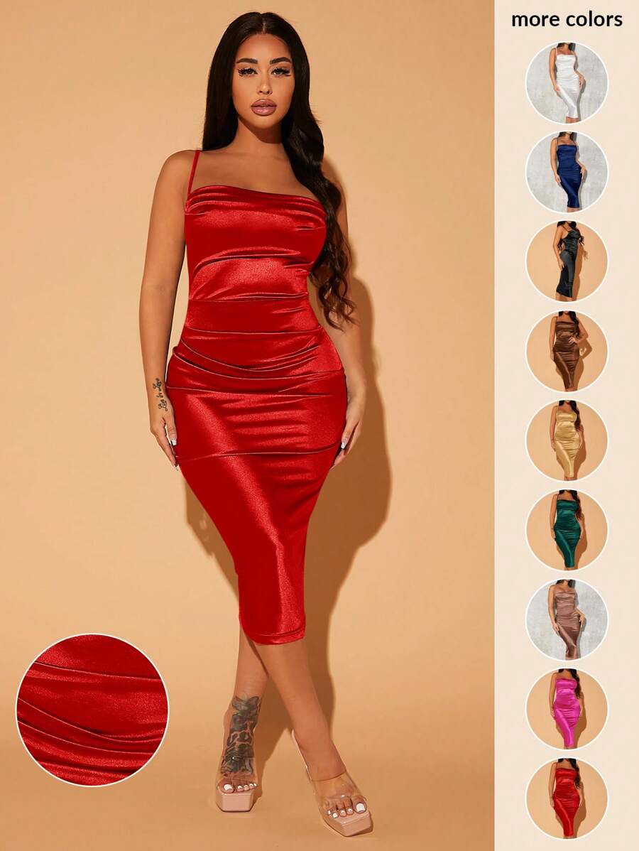 SHEIN SXY Prom Dress;Summer;Solid Ruched Satin Slip Dress - Red - View 1