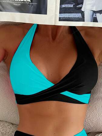 Swim Lushoire Women's Contrast Color Halter Bikini Top For Summer Beach Vacation