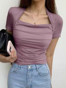 DAZY Camiseta de manga corta con parches de malla de unicolor, ajuste ceñido, tops lindos para primavera y verano - Morado - Ver 4
