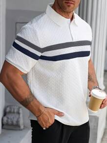 Manfinity Homme Plus Size Men's Casual Patchwork Stripe Textured Short Sleeve Polo Shirt, Summer