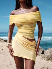 Opulessa 1 pieza Vestido mini ajustado de unicolor de punto con hombros descubiertos para mujer - Amarillo - Ver 6
