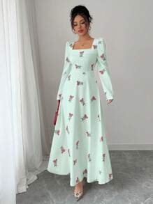 Modelyn Women's Printed Contrast Fabric Maxi Fitted Dress Fall Cloth For Women - Green - View 5