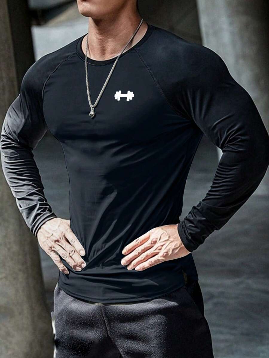 GymBeat 男友风男士简约印花长袖运动T恤健身上衣压缩衣透气修身秋季圆领压缩衣 - 黑色 - 查看 1