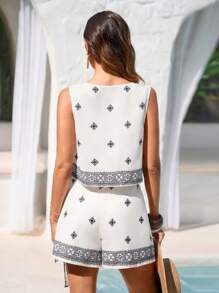 SHEIN VCAY 春夏裹身印花迷你裙短裤，腰带系带 - 彩色 - 查看 2